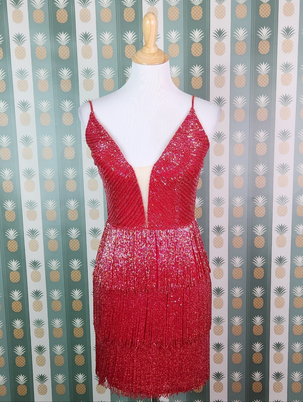 Ashley Lauren 4491 Beaded Fringe V-Neck Party Dress - Picture 3 of 8